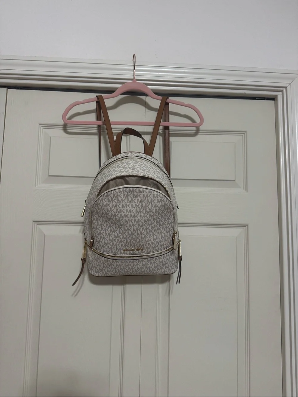 Michael Kors Cream MK Logo Mini Backpack with Brown Trim and Gold Hardware